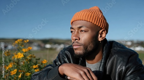 Man in Contemplation: Portrait of a thoughtful man, gazing into the distance, with a look of deep reflection, he wears a beanie, and is surrounded by a natural setting. 