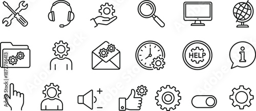Technical support and service line icons set featuring tools, customer assistance, configuration, troubleshooting, help desk, gear settings and information symbols