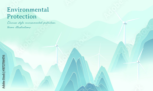 Chinese Style Sustainable Energy Banner Landscape and Wind Turbine Illustration