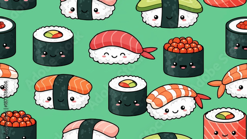 A vibrant, repeating pattern of cute, cartoon sushi pieces on a green background