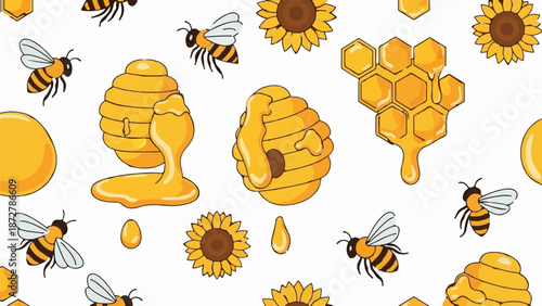 A vibrant seamless pattern features bees, sunflowers, honeycombs, and dripping honey on white