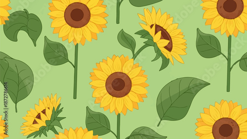 A vibrant, repeating pattern of cheerful sunflowers with broad green leaves against a pale green background