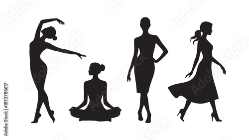 Various women in different poses and outfits are illustrated in silhouette against a plain white background.