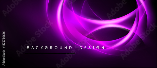 Abstract purple design features flowing lines, bright curves. Dark background enhances luminous effect, modern aesthetic. Simple text below.