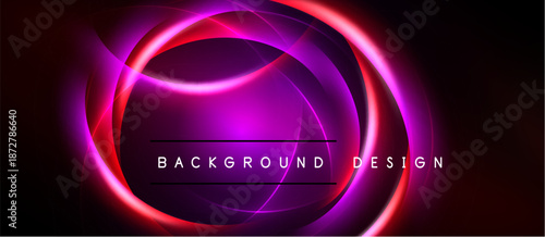 Abstract neon circles overlap dark background. Vibrant pink, red hues create modern visual effect. Text reads background design.