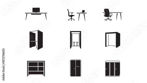 Collection of office furniture illustrations including desks, chairs, and storage units depicted in a minimalist style