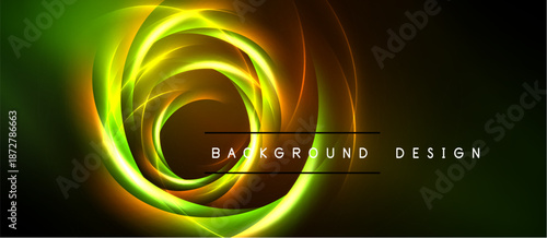 Bright swirling lines create abstract energy. Green, yellow, orange hues blend into dark background. Modern design element.