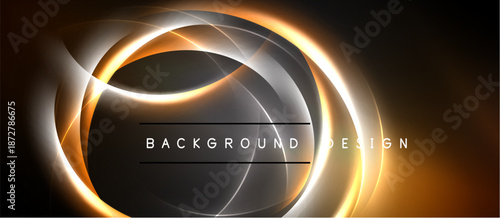 Abstract design features glowing orange, silver swirls. Dark background creates dramatic visual impact. Text reads background design.