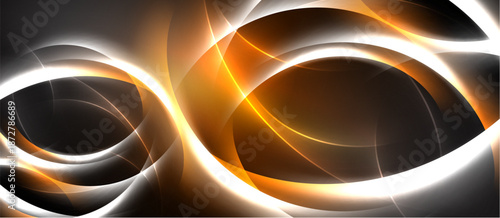 Abstract design features flowing orange, white lines against dark background. Dynamic curves create sense movement, energy.