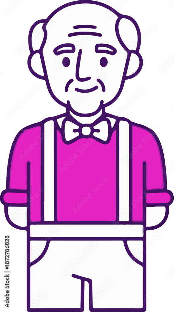 Obraz premium A stylized, purple-outlined illustration of an elderly man wearing a pink shirt and suspenders