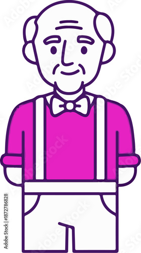 A stylized, purple-outlined illustration of an elderly man wearing a pink shirt and suspenders