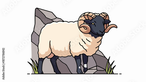 A stylized ram with curled horns stands on rocky terrain with grass