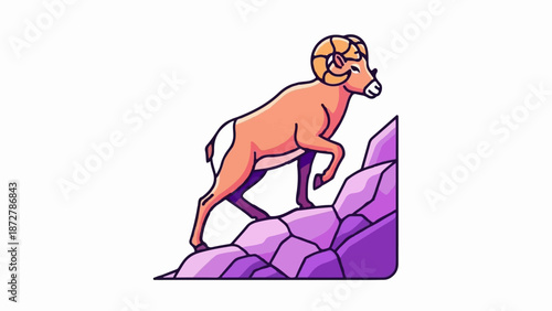 A stylized ram with large curved horns climbs rocky purple terrain