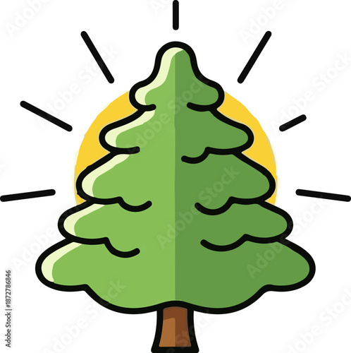 A vibrant green stylized evergreen tree with a brown trunk, depicted in front of a shining yellow sun