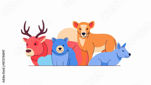 A vibrant group of stylized, cartoon animals including a red deer, blue bear, orange lioness, and blue dog