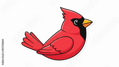 A stylized red cardinal bird with a black face and yellow beak on a white background