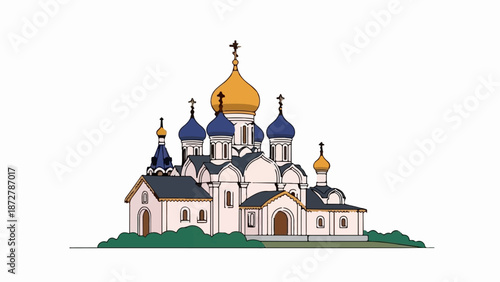 A stylized illustration of a white church with multiple blue and gold domes