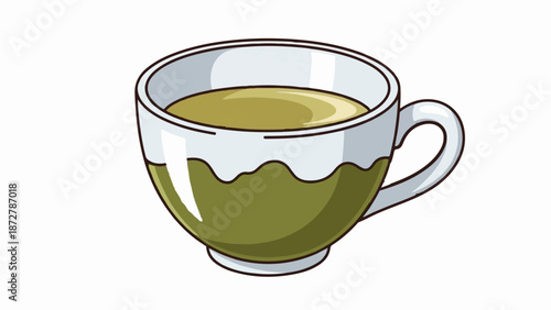 A stylized illustration of a white teacup filled with greenish liquid