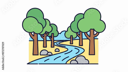 A stylized illustration of a winding river flowing through a grove of trees under a light blue sky