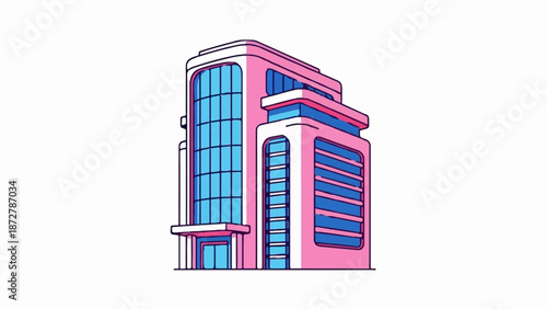 A stylized, retro-futuristic pink building with blue windows and architectural details