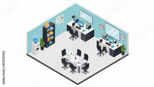 Isometric office space with employees working at desks.