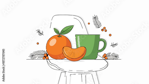 A stylized illustration of a whole orange, a slice, and a green mug with pine branches