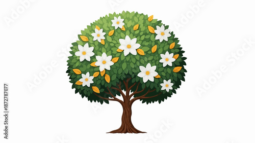 A stylized, round green tree with white blossoms and a few scattered golden leaves on a brown trunk