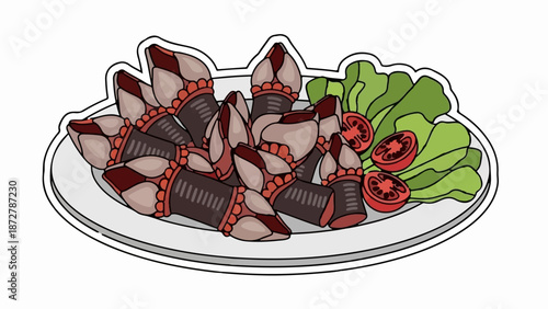 A stylized illustration of goose barnacles served with tomato slices and lettuce