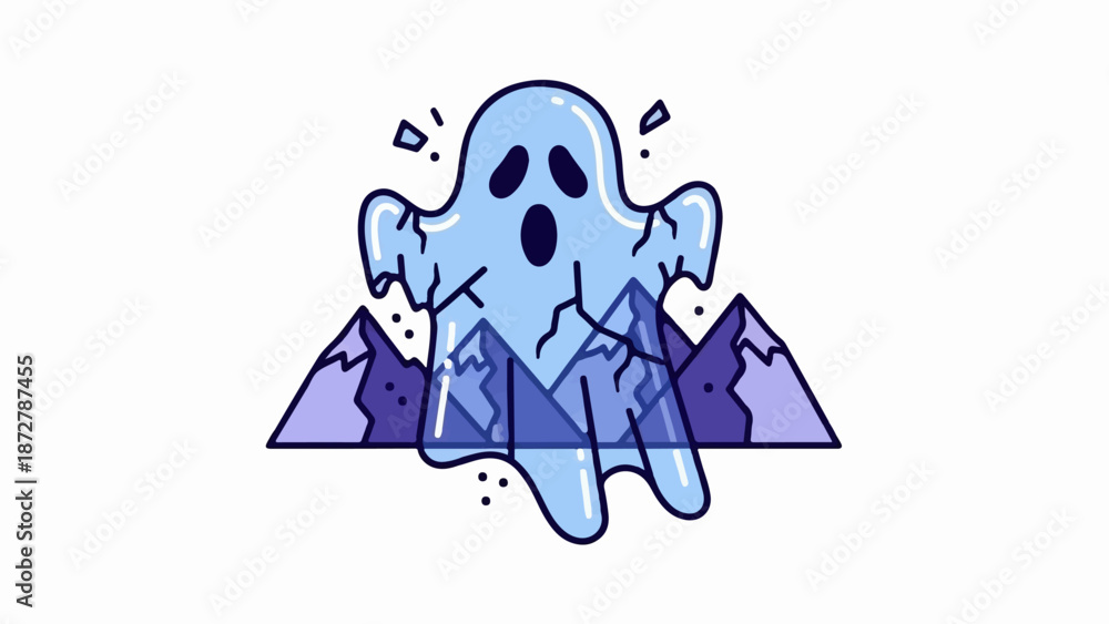 Obraz premium A startled, light blue ghost emerges from behind purple mountains