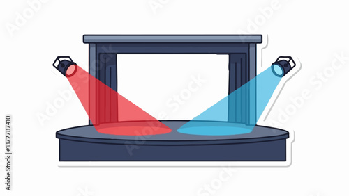 A stage with two spotlights, red and blue, illuminating a blank backdrop
