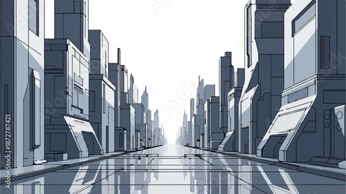 A stark, futuristic cityscape stretches into a bright, overcast sky, reflecting on a wet street