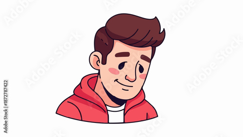 A stylized cartoon portrait of a young man with brown hair, rosy cheeks, and a friendly smile