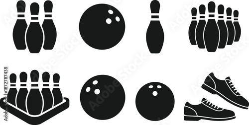 Bowling equipment silhouette icon set with balls pins shoes strike spare symbols black vector illustration isolated white background