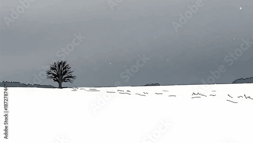 A stark, monochrome illustration depicts a bare tree in a snowy landscape under a dusky, star-speckled sky