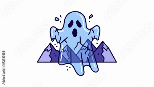 A startled, light blue ghost emerges from behind purple mountains