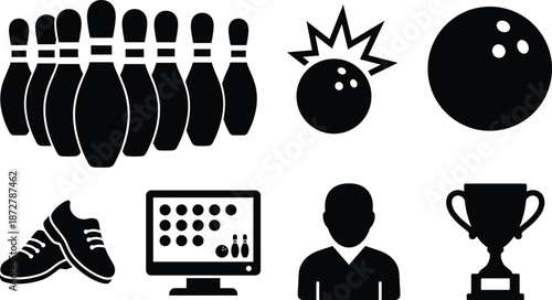Bowling sport silhouette icon set with pins balls strike shoes scoreboard player trophy black vector illustration isolated background