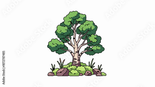 A stylized cartoon tree with a light trunk, lush green foliage, and surrounding rocks and bushes