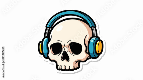 A stylized skull with bright blue headphones and yellow earcups