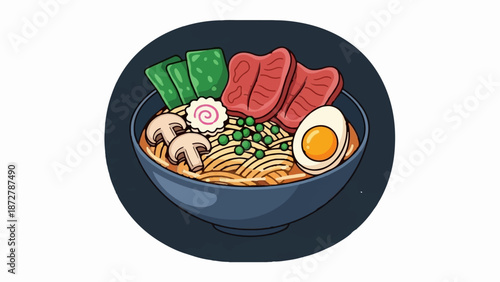 A steaming bowl of noodles with meat, egg, mushrooms, and seaweed