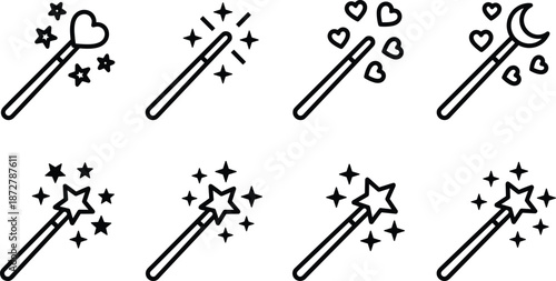 Cute magic wand outline icon set with hearts stars moon fairy spell symbols isolated black vector collection