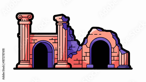 A stylized, cartoonish depiction of ancient ruins with two arched doorways