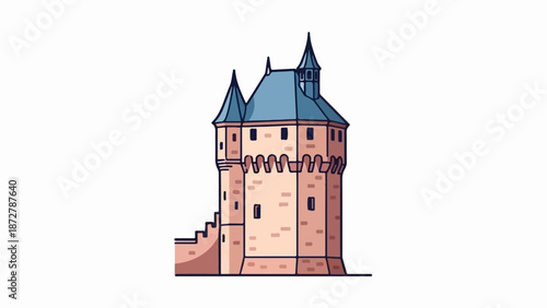 A stylized, cartoonish drawing of a brick tower with a pointed roof and battlements