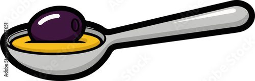 A single spoon holds a dark purple olive in a pool of bright yellow oil