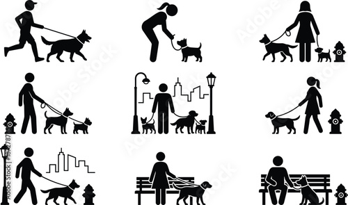 Dog walking people silhouette icon set showing pet owners urban park scenes leash activity black vector illustration isolated