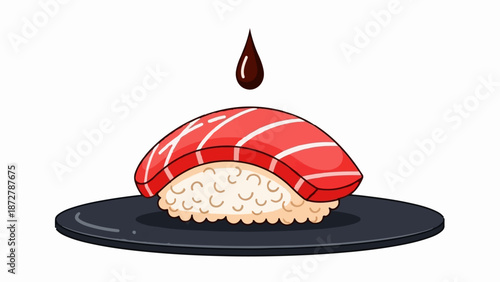 A single piece of sushi with red fish topping, on a dark plate, with soy sauce dripping