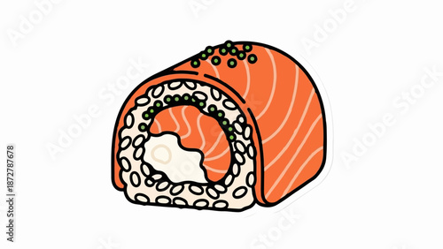 A single piece of rolled sushi with salmon and cream cheese filling