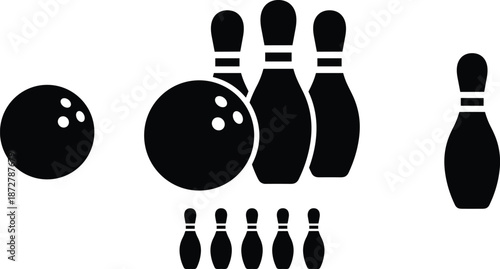 Bowling ball and pin silhouette icons showing strike spare ten pin equipment black vector illustration isolated white background