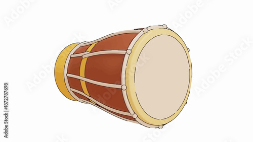 A single percussion instrument, a drum with a brown body and yellow accents