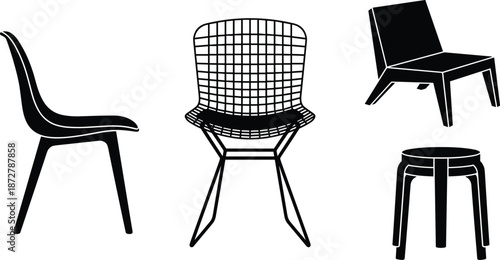 Modern chair and stool silhouettes set featuring minimalist seating furniture icons isolated black vector for interior design projects