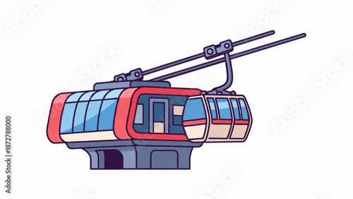 A simplified, colorful illustration of a red and beige cable car moving on two thin rails against a white background
